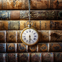 Vintage clock hanging on a chain on the background of old books. Old watch as a symbol of passing time. Concept on the theme of history, nostalgia, old age. Retro style.