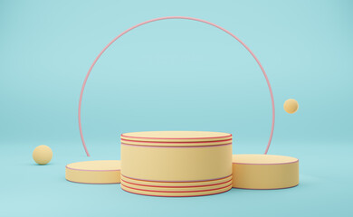 Podium empty with geometric shapes in sky blue pastel composition for modern stage display and minimalist mockup ,abstract showcase background ,Concept 3d illustration or 3d render