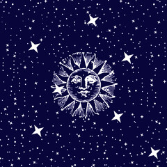 Vector illustration of a sun with a face on a starry background. Pattern seamless for textile industry. 
