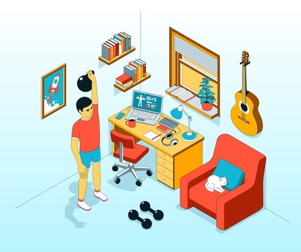 Home athletic exercise with kettlebell. Workout in living room. Vector isometric illustration.