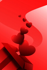Gift for special day with vector hearth from the gift box on red background.