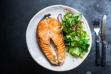 salmon seafood fried bbq fish in plate grilled omega ready to eat on the table meal snack top view copy space food background rustic image pescetarian diet