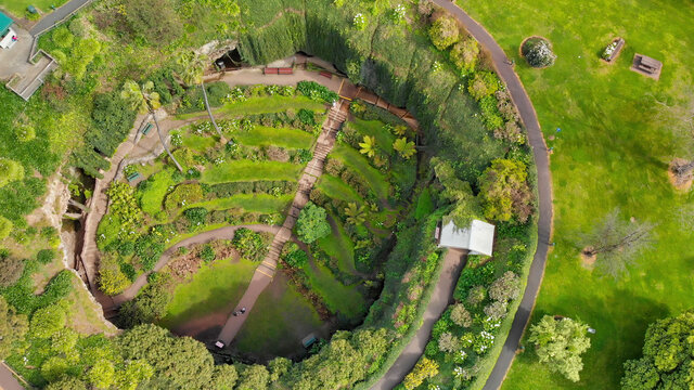 Mt Gambier, Australia. Aerial view of Umpherston Sinkhole on a beautiful morning
