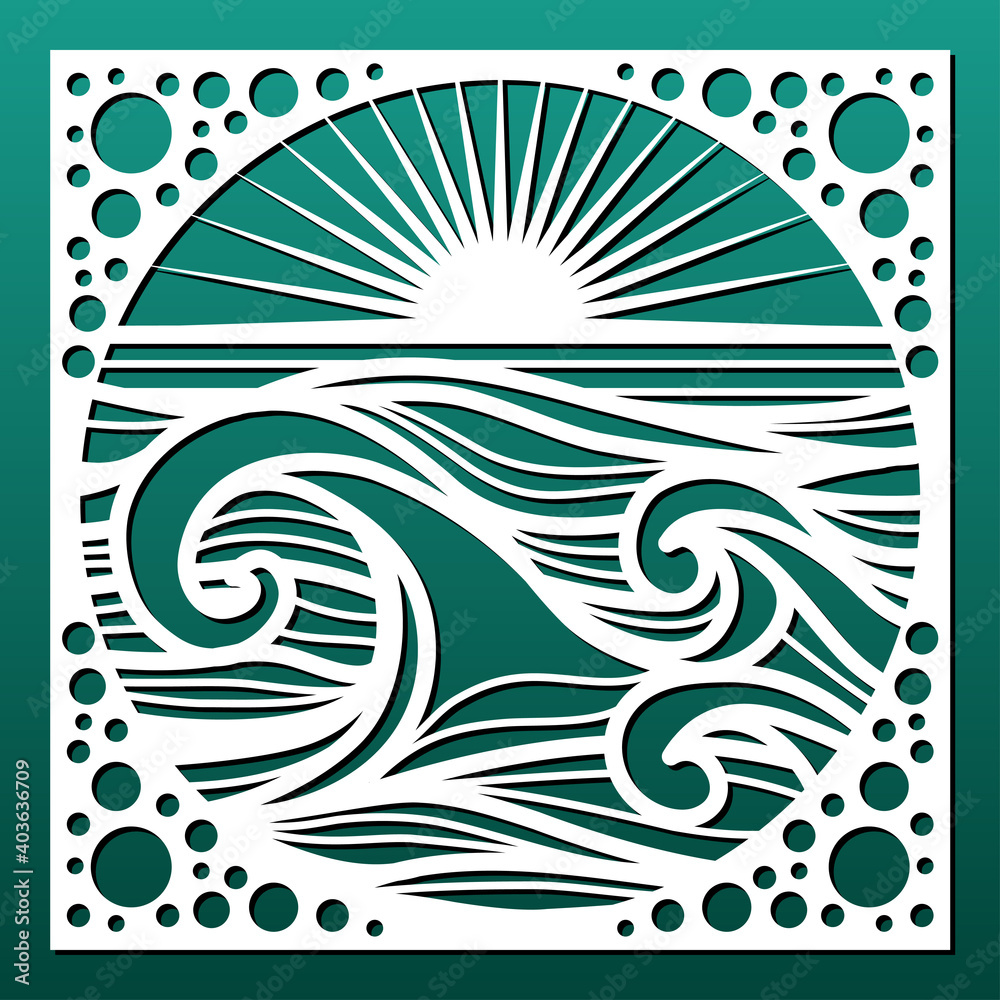 Sticker laser cut panel, sea landscape with waves and sun. cnc cutting stencil for wall art and home decor, 