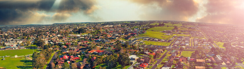Panoramic aerial view of Mt Gambier skyline on a beautiful day, Australia