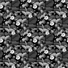 Seamless pattern with antique black and white monochrome strawberry on black background