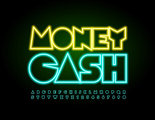 Vector creative banner Money Cash. Abstract style Font. Green Neon Alphabet Letters and Numbers set