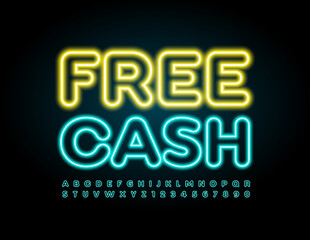 Vector neon banner Free Cash. Glowing bright Alphabet Letters and Numbers set. Illuminated Led Font