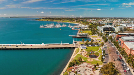 Geelong, Australia. Aerial view of city coastline from drone © jovannig
