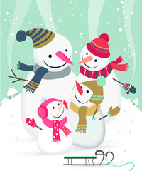 Сute family of snowmen. Winter landscape. Vector illustration.