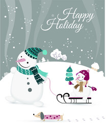 Cute dad  snowman is bringing his son with a Christmas tree on a sled. Winter landscape. Vector illustration.