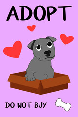 Animal Day and adoption vector illustration dog in a box, little cute puppy bull terrier ask to take him home. Take the dog from the shelter.