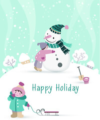 The boy hugs the snowman. Little girl pulling a sled. Winter landscape. Vector illustration.