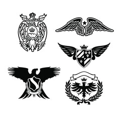 eagle emblem, emblem shield icon set up with wings spread, in black and white