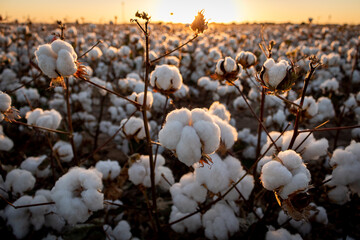 cotton field with sunset - obrazy, fototapety, plakaty