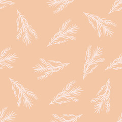 Random seamless pattern with white rosemary branches elements. Pink pastel background.