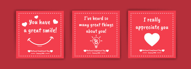 National Compliment Day. January 24th. Social media post templates, banners, cards, posters with text.