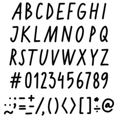 hand written alphabet big letters numbers signs vector black line typographic elements isolated on white background