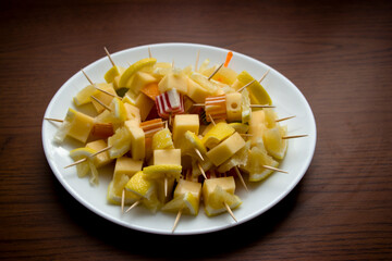 Canapes with cheese, lemon and marmalade on a white plate. Wooden table background. Fresh and healthy food. Diet