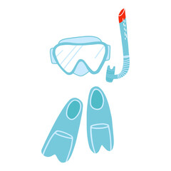 Scuba diving, snorkeling set. Hand-drawn swimming mask with snorkel, goggles, flippers. Vector isolated illustration.