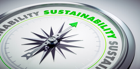 White compass with needle pointing to the word sustainability - 3D Illustration