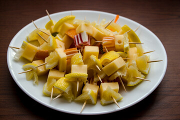 Canapes with cheese, lemon and marmalade on a white plate. Wooden table background. Fresh and healthy food. Diet