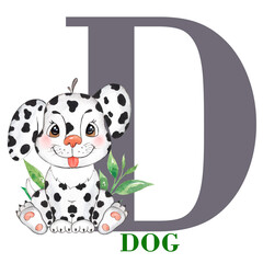 English letter D and Dog. English letter of the alphabet, watercolor drawing, puppy, dalmatian