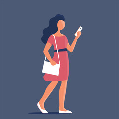 Beautiful girl with a handbag and a smartphone. Walking down the street. Vector isolated flat illustration.