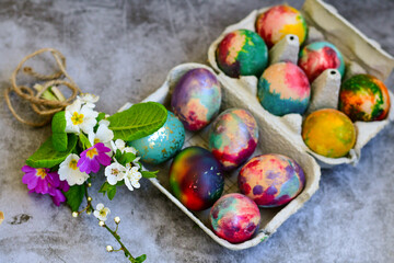 Colorful hand painted purple and rose  easter eggs and  spring blossom on wooden background