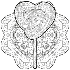 Vector lollipop with abstract ornaments for decoration on a patterned round substrate for coloring.