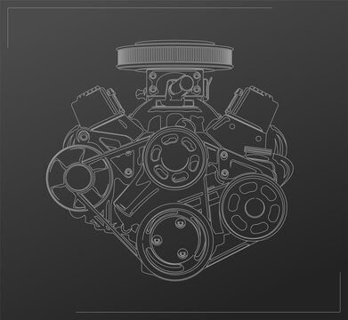 Realistic V8 engine with contour lines, vector illustration.