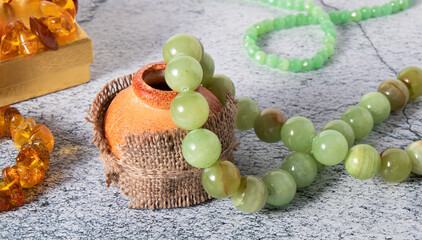 Beautiful beads made from natural green-yellow onyx, agate  (layered chalcedony) stone with jade...