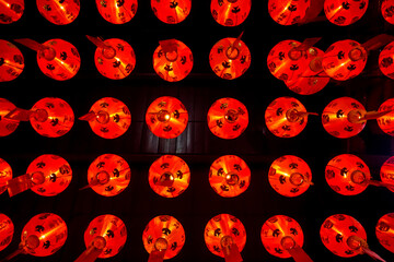 Red Chinese lanterns on the ceiling for Chinese New Year celebration