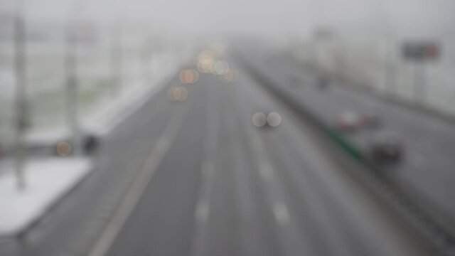 Blurred highway traffic. Cars driving on Minsk Beltway in winter