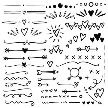Hand drawn hearts and arrows dividers. Bullet journal web visual note sketch elements. Isolated graphic vector object set.