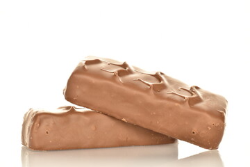 Two sweet chocolate bars, close-up, isolated on white.