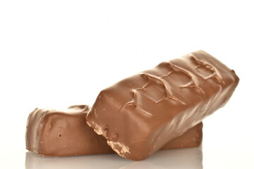 Two sweet chocolate bars, close-up, isolated on white.