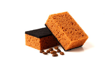 Foam sponger for washing dishes, with cuppuccino flavor, on a white background, horizontal, no people,