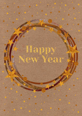 Card with New Year's wreath and Happy New Year greetings. Made using digital collage technique.