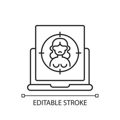 Online sexual harassment linear icon. Social media harassment. Naked picture, photo of woman. Thin line customizable illustration. Contour symbol. Vector isolated outline drawing. Editable stroke