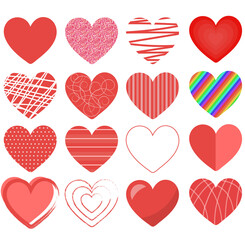 Set of different hearts for Valentine's Day. Stickers, hearts isolated on white background. Vector illustration