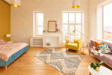 Scandinavian style apartment interior. bright yellow warm colors. wooden flooring. sunlight in large windows.