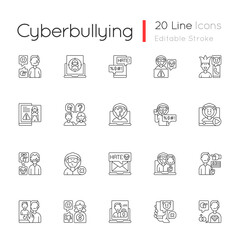 Cyberbullying linear icons set. Online harassment. Social media hate comments. Offensive e-mail. Customizable thin line contour symbols. Isolated vector outline illustrations. Editable stroke