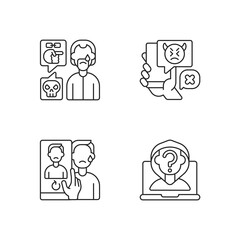 Cyberbullying and discrimination linear icons set. Racial bullying. Anonymous stalker, doxing. Customizable thin line contour symbols. Isolated vector outline illustrations. Editable stroke