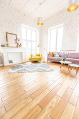 Scandinavian style apartment interior. bright yellow warm colors. wooden flooring. sunlight in large windows.