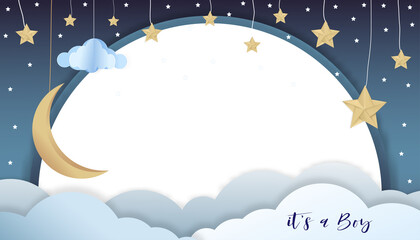 Obraz na płótnie Canvas Vector illustration paper art for baby boy shower greeting card with night sky, crescent moon, clouds and stars hanging on blue background, Cute paper cut with copy space for baby's photos