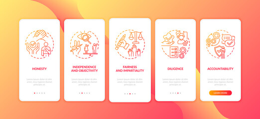 Ethical journalism principles onboarding mobile app page screen with concepts. Honesty, diligence, fairness walkthrough 5 steps graphic instructions. UI vector template with RGB color illustrations