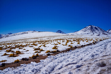 Fototapeta na wymiar Winter view of snow-capped mountains near Laguna Miscanti, Antofagasta, Chile