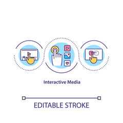 Interactive media concept icon. Innovative technology. Touch screen. Social network optimization. Journalism idea thin line illustration. Vector isolated outline RGB color drawing. Editable stroke