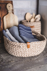 Eco friendly jute knitted baskets with reusable kitchen towel. Zero waste concept. Decor, interior